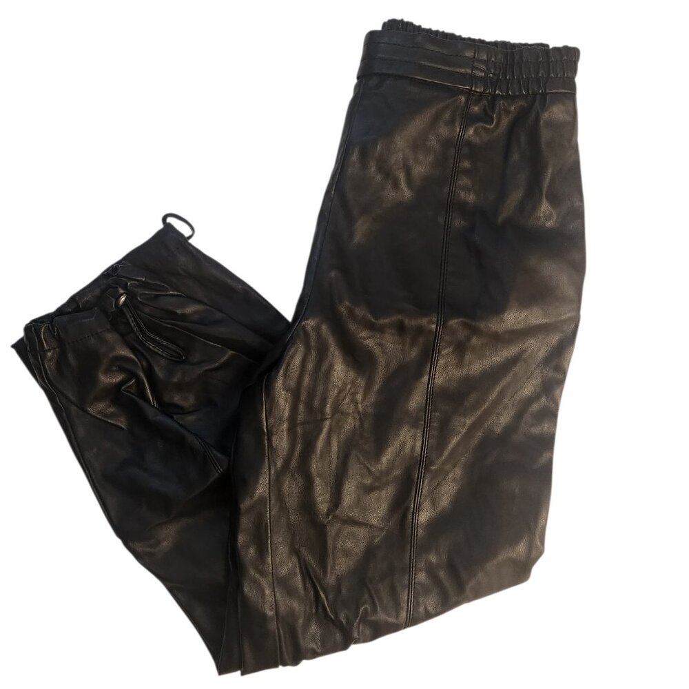 Zara Pants Black Faux Leather Elastic Drawstring Size M Waist Joggers